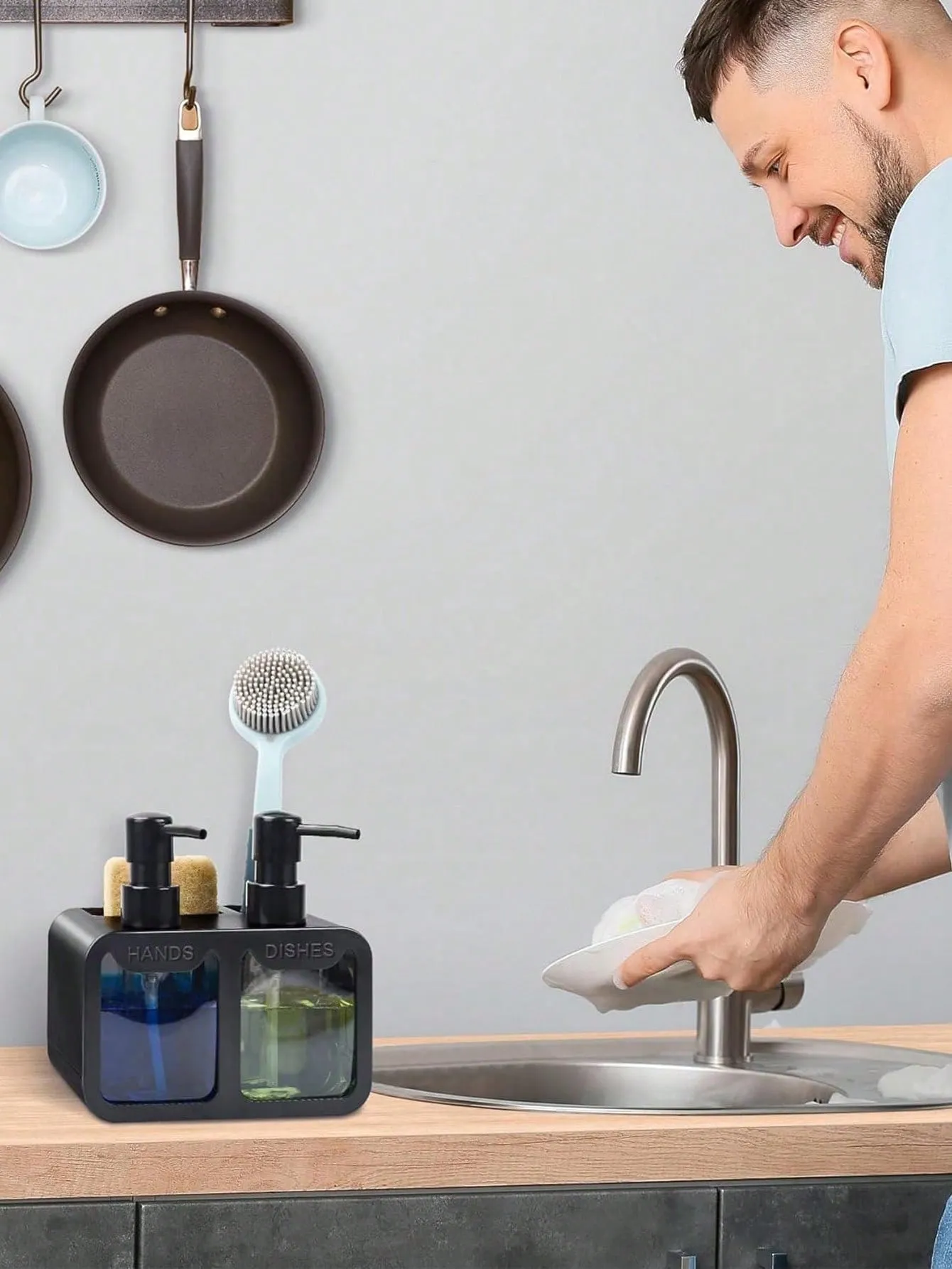 1pc Dish Soap Dispenser For Sink Countertop, Soap Dispenser With Sponge Caddy And Brush Holder, Refillable Lotion Dispenser, Lotion Container For Bathroom, Bathroom Accessories, Home Decor, Furniture For Home