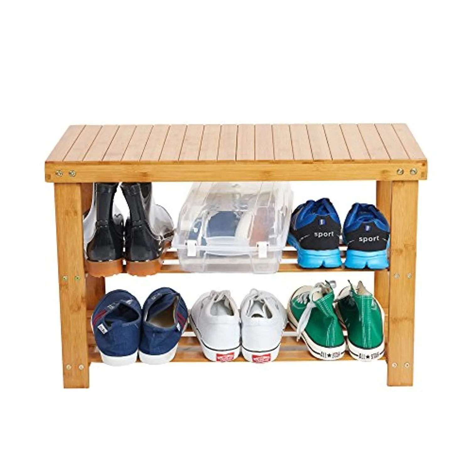 Bamboo Shoes Storage Rack 2-Tier Shoe Bench Seat for Entryway Shelf Organizer for Hallway, 27.5”(L) X 11” (W) X 17.7” (H)