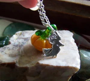 Orange Glass Pumpkin Sterling Silver Broom Riding Witch Pendant