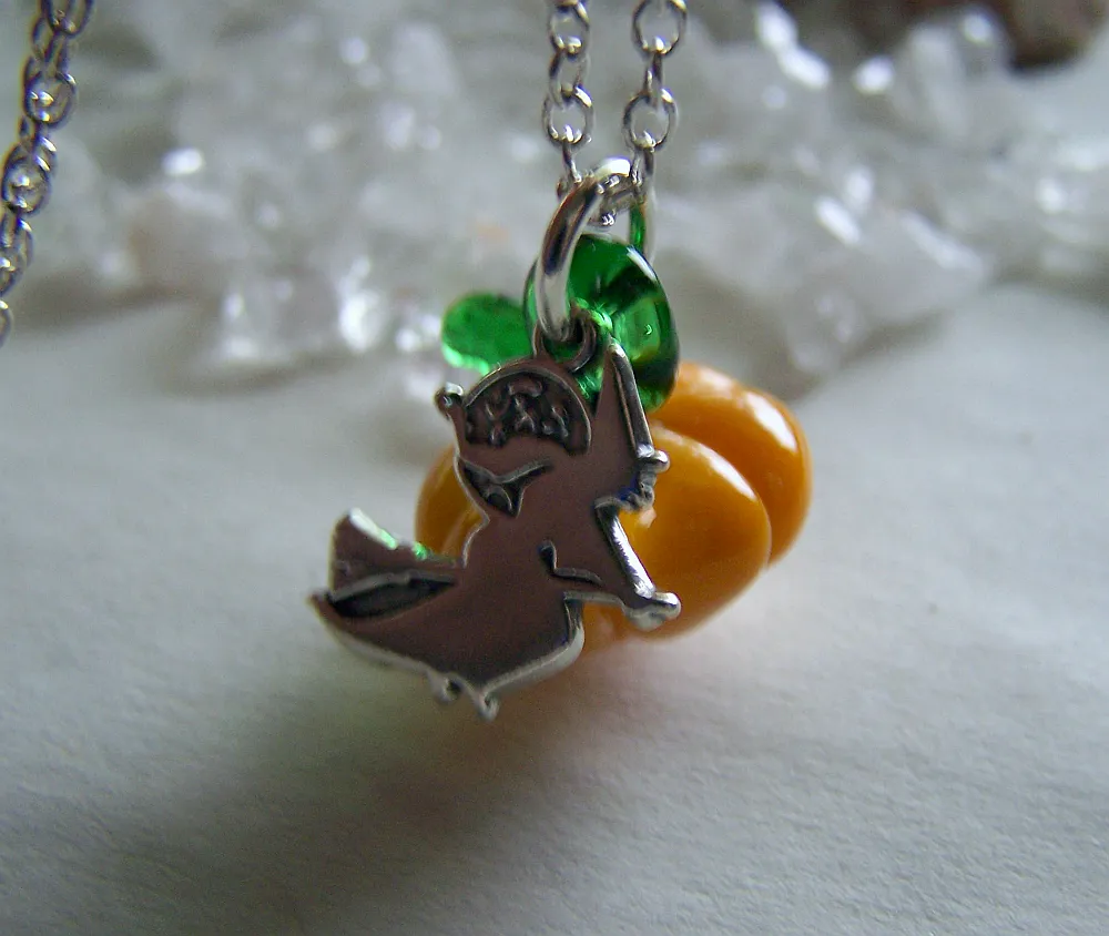 Orange Glass Pumpkin Sterling Silver Broom Riding Witch Pendant