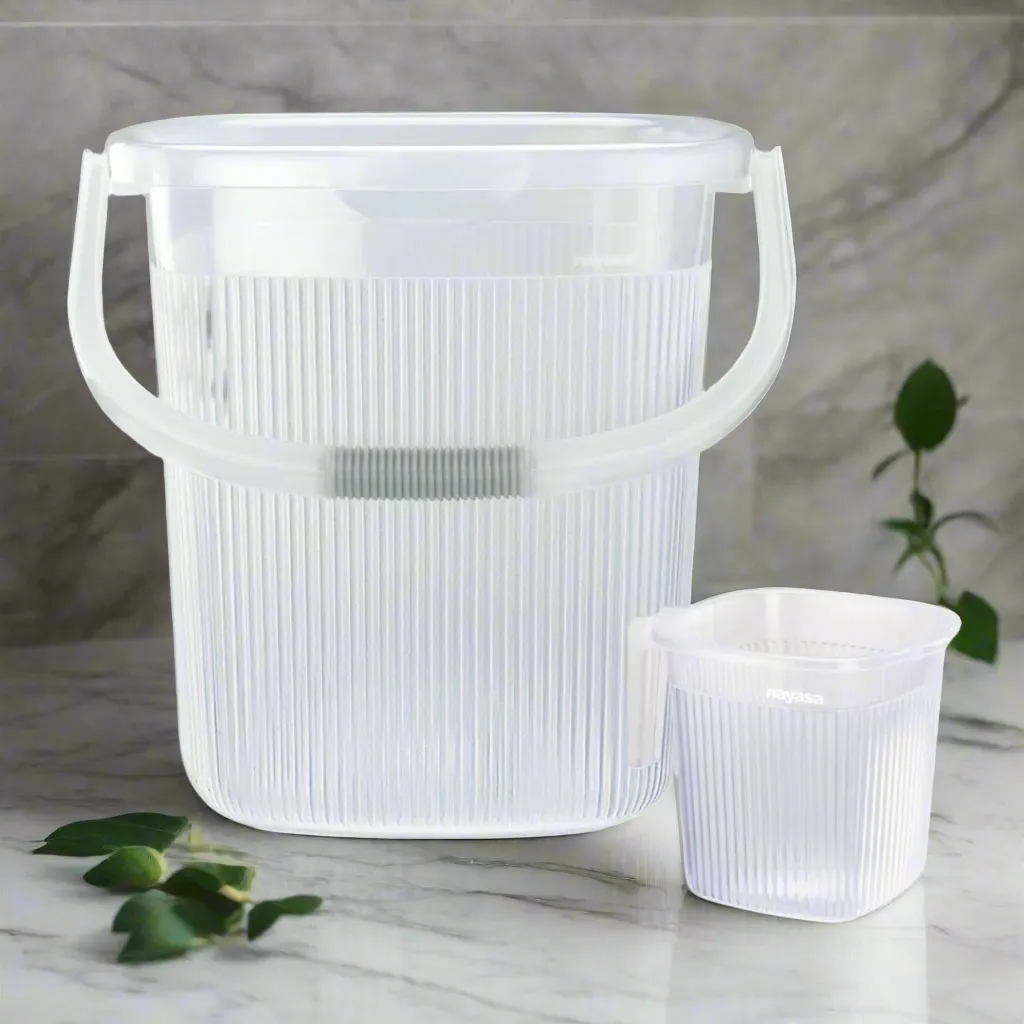 Transparent Square Rimmy Plastic Bucket And Mug Set Of 2 For Bathroom