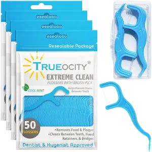 Trueocity Dental Flossers Brush Picks 4 Pack w/ Travel Case (200 Total Count), Dental Floss Glides Easy Between Teeth, Flosser Helps Prevent Tooth Decay & Gum Disease, Easy Grip Handle, Mint Flavored