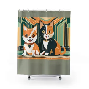 Two Kitties, Shower Curtain, Sage accent color - 71" x 74"