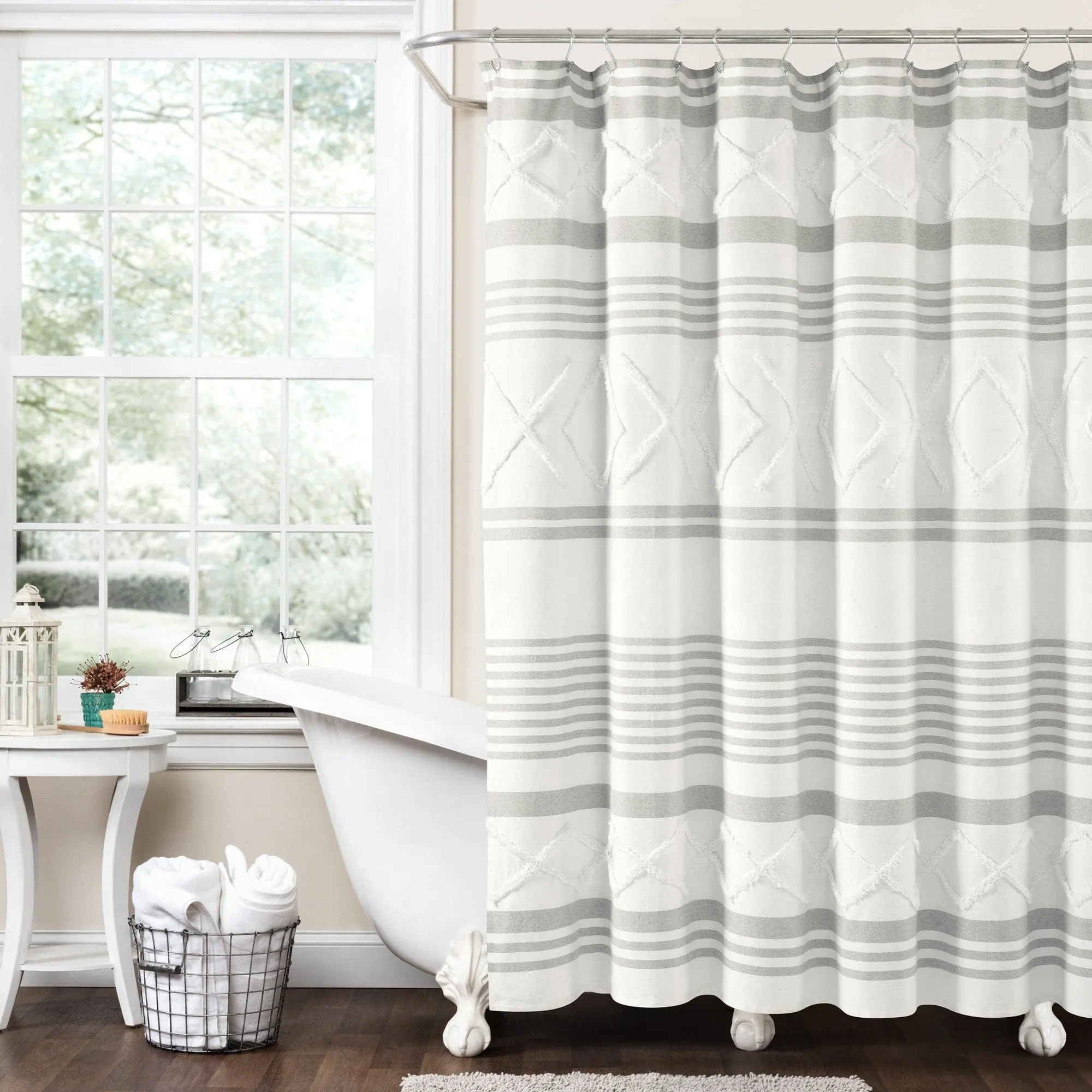 Urban Diamond Stripe Woven Tufted Recycled Cotton Blend Shower Curtain