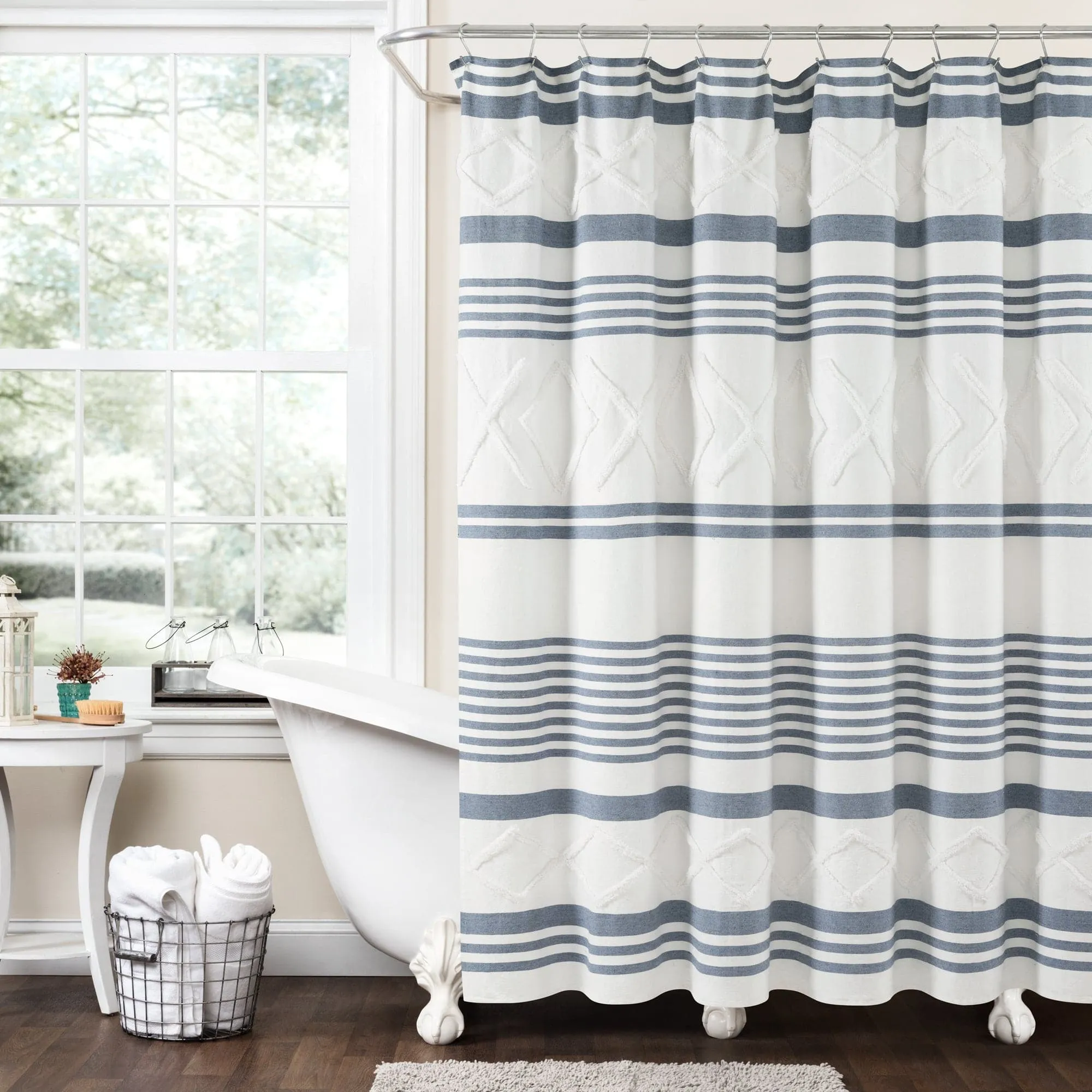 Urban Diamond Stripe Woven Tufted Recycled Cotton Blend Shower Curtain